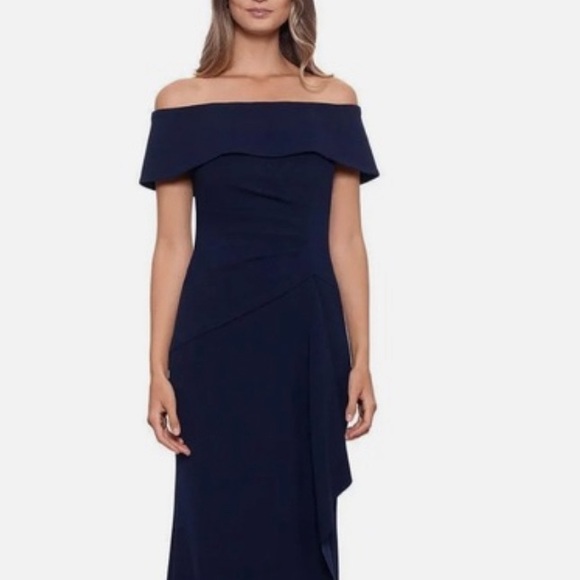 NEW Xscape Off-The-Shoulder Maxi Formal Evening Gown in Navy, Petite Size 12 NWT - Picture 3 of 11